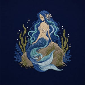 Può includere: Un ricamo dettagliato su sfondo blu scuro raffigurante una sirena con lunghi capelli blu fluenti, una coda blu scintillante e un corpetto decorato con perle, seduta su una roccia circondata da alghe verdi e piccole bolle bianche.