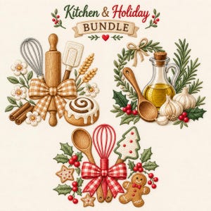 Peut inclure: Un graphique Kitchen & Holiday BUNDLE composé de trois ensembles d'ustensiles de cuisine et d'éléments festifs. Il comprend un fouet, un rouleau à pâtisserie, une spatule, des roulés à la cannelle, une burette d'huile, de l'ail, du houx, du romarin, un bonhomme en pain d'épices et des biscuits en forme d'étoile avec des nœuds.