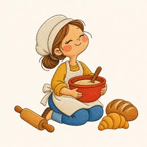 Może przedstawiać: Haftowana ilustracja piekarza z brązowymi włosami upiętymi w kok, w białej czapce kucharskiej, żółtej koszuli z długim rękawem i białym fartuchu na niebieskich spodniach. Piekarz trzyma czerwoną miskę z drewnianą łyżką, obok leży wałek i pieczywo.