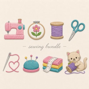 May include: An embroidered sewing bundle featuring a pink sewing machine, a floral embroidery hoop, a purple spool of thread, blue scissors, a needle with pink thread, a blue pincushion, folded fabric with a measuring tape, and a kitten.