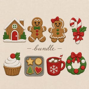 May include: A collection of eight embroidered patches featuring Christmas themes: a gingerbread house, two gingerbread figures, a candy cane, a cupcake, a baking tray with four cookies, a red mug with marshmallows, and a green wreath with red bows.