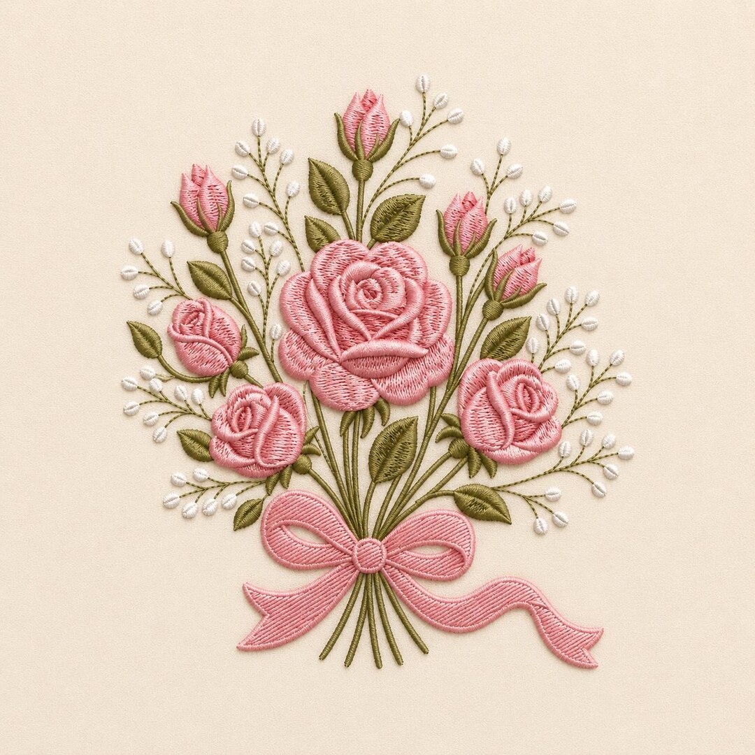 Rose Bouquet Embroidery Design Pink Floral Arrangement Ribbon Vintage ...