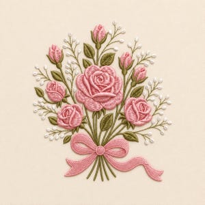 Rose Bouquet Embroidery Design Pink Floral Arrangement Ribbon Vintage Elegant Garden Digital
