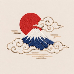 May include: Embroidered design featuring Mount Fuji with a red sun and stylized clouds. The mountain has a white peak and blue slopes. The clouds are cream-colored with brown outlines, set against a cream background.