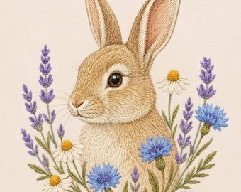Diseño de bordado a máquina de conejo con flores silvestres: lavanda, margarita, aciano, conejito de primavera, arte botánico de jardín