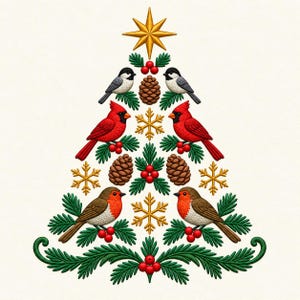 May include: A decorative Christmas tree design featuring a gold star topper, green pine branches, red berries, brown pinecones, and gold snowflakes. The tree is adorned with two black-capped chickadees, two red cardinals, and two European robins.