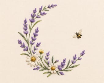 Pode incluir: Um design de bordado apresentando um arranjo em forma de meia-lua de ramos de lavanda roxos e duas margaridas brancas com centros amarelos. Uma pequena abelha detalhada com listras pretas e amarelas e asas translúcidas está à direita.