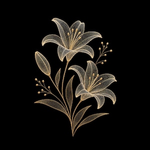 Op de afbeelding: Een goudkleurige lijntekening van twee leliebloemen, een gesloten knop en delicate stengels met kleine ronde accenten. Het ontwerp bevat ingewikkelde, fijne parallelle lijnen die een draadframe-effect creëren tegen een effen zwarte achtergrond.