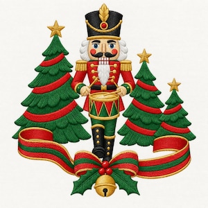 Puede incluir: Un diseño bordado que presenta un soldado cascanueces central con uniforme rojo y verde tocando un tambor, flanqueado por tres árboles de Navidad verdes con estrellas doradas, acentuado por una cinta roja y verde, hojas de acebo y una campana dorada.
