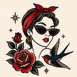 Peut inclure: Illustration de femme avec des lunettes de soleil, un foulard rouge et des créoles dorées. Une rose rouge et une hirondelle bleue et rouge sont également représentées. L'œuvre est de style tatouage vintage.