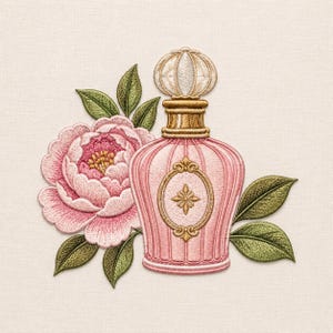 Könnte beinhalten: Ein gestickter Aufnäher mit einem hellrosa Parfümflakon, einem goldenen Verschluss und einem ovalen Rahmendetail. Der Flakon ist von einer großen, mehrschichtigen rosa Pfingstrose und mehreren dunkelgrünen Blättern umgeben, alles in detaillierter Stickerei.