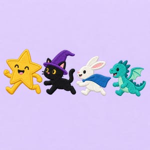 May include: Four embroidered patches featuring a yellow star with a smiling face, a black cat wearing a purple witch hat, a white rabbit wearing a blue cape, and a teal dragon with wings, all depicted in a cartoon style on a light purple background.