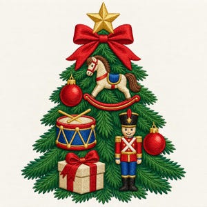 Può includere: Un ricamo a forma di albero di Natale con una stella dorata in cima, un grande fiocco rosso, un cavallo a dondolo, un tamburo blu con bacchette dorate, uno schiaccianoci, due palline rosse e un pacchetto regalo beige con nastro rosso.