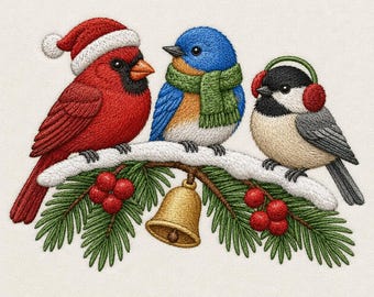 Disegno per ricamo a macchina di uccelli natalizi: Cardinale, Uccello azzurro, Cinciallegra, Ramo invernale, Campanula.