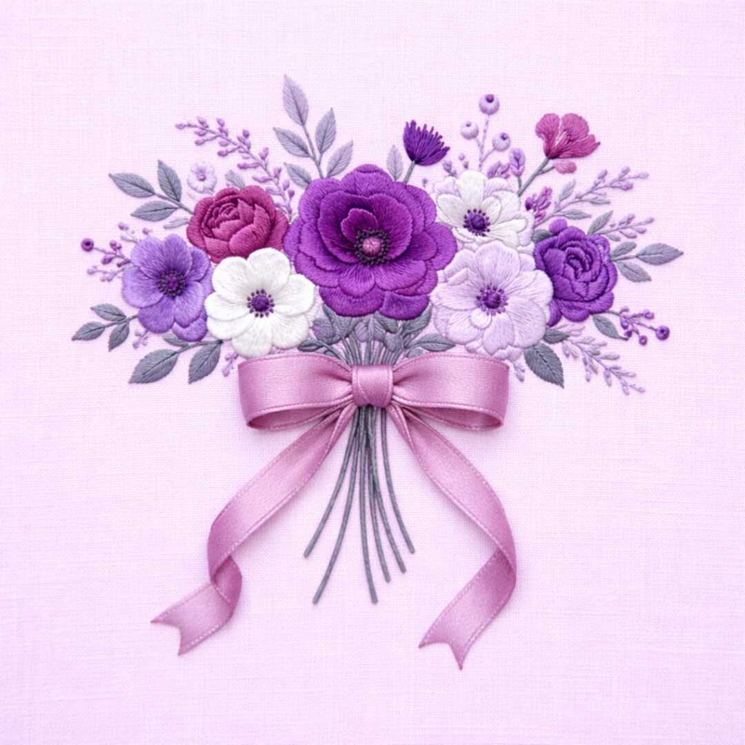 Purple Flower Bouquet Bow Embroidery Design Floral Romantic Vintage ...