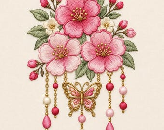 May include: An embroidered patch featuring three large pink cherry blossoms, smaller white flowers, and green leaves. A central gold-toned butterfly is suspended below the flowers, flanked by dangling gold chains adorned with pink and white beads.