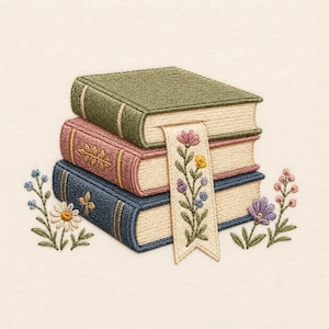 Stacked Books Machine Embroidery Design Floral Bookmark Vintage Reading Library Teacher Book Lover Gift