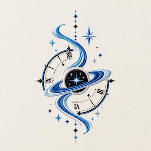 May include: An embroidery design featuring a central dark planet with blue rings, surrounded by two partial clock faces with Roman numerals. Swirling blue ribbons and various four-pointed stars in shades of blue and black accent the composition.