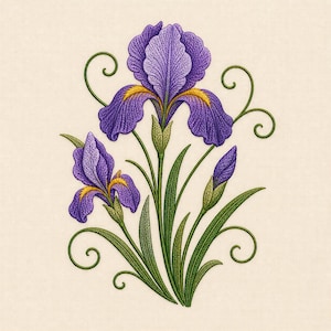 May include: Embroidered image of purple iris flowers with yellow accents and green leaves and stems. The flowers are in full bloom, with one bud. The background is a light beige color, and the design includes decorative green swirls.