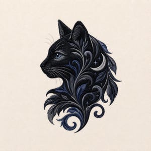 Pode incluir: Um perfil bordado de um gato preto com intrincados padrões de filigrana floral em azul escuro e cinza. O design inclui uma pequena lua crescente e pequenos detalhes de estrelas integrados nos motivos de folhas em espiral, com um olho azul.