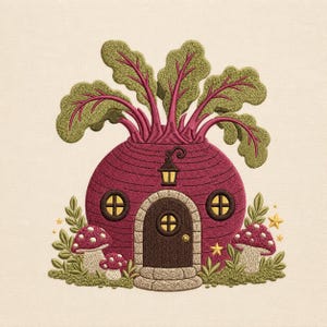 Peut inclure: Un motif de broderie représentant une grosse betterave ronde magenta foncé en forme de maison avec une porte arquée marron foncé, deux petites fenêtres rondes et une lanterne suspendue. Des feuilles vertes et des champignons entourent le tout.