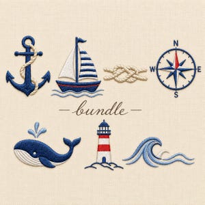 May include: A nautical embroidery design set featuring a blue anchor with rope, a sailboat, a rope knot, a compass rose, a blue whale with a water spout, a red and white lighthouse, and a blue wave, with the word bundle centered in the middle.