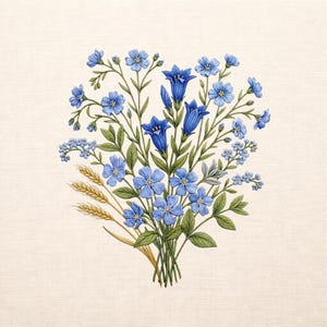 May include: A botanical illustration of a bouquet featuring blue flowers, green leaves, and wheat stalks. The flowers include bell-shaped blooms and smaller, star-shaped blossoms. The arrangement is tied together with a bundle of stems against a cream-colored background.