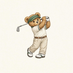 Könnte beinhalten: Illustration eines Teddybären beim Golfspielen. Der Bär trägt ein weißes Poloshirt, khakifarbene Hose, ein grünes Visier und Golfschuhe. Er schwingt gerade einen Golfschläger. Der Stil ist vintage und handgezeichnet.