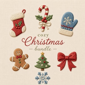May include: A collection of embroidered Christmas patches featuring a red stocking, a candy cane with holly, a blue snowflake mitten, a gingerbread person, a green Christmas tree, a red bow, and a blue snowflake, with the text cozy Christmas bundle.