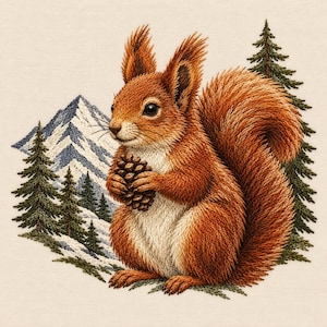 Op de afbeelding: Een borduurontwerp met een roodbruine eekhoorn die een bruine dennenappel vasthoudt. De achtergrond toont een besneeuwde bergtop en verschillende donkergroene dennenbomen, allemaal uitgevoerd in gedetailleerd stikwerk op crèmekleurige stof.