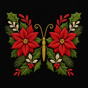 May include: An embroidery design shaped like a butterfly, featuring two large red poinsettia flowers as wings. The body is gold, surrounded by green holly leaves, pine needles, small white sprigs, and red berries, all set against a black background.
