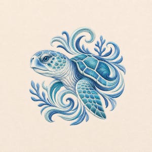 May include: An embroidered design of a sea turtle in shades of blue and teal. The turtle is surrounded by swirling, wave-like patterns and stylized aquatic plant motifs, all rendered with detailed stitching on a light cream-colored fabric background.