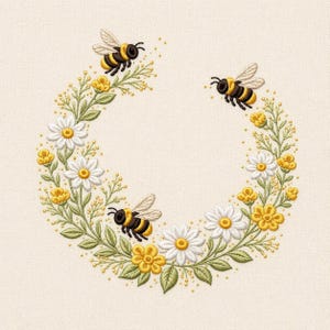 May include: Embroidered design featuring three bees and a floral wreath of white daisies, yellow flowers, and green leaves. The bees are black and yellow, with white wings. The background is a light beige color.