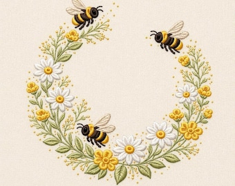 May include: Embroidered design featuring three bees and a floral wreath of white daisies, yellow flowers, and green leaves. The bees are black and yellow, with white wings. The background is a light beige color.