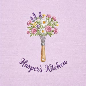 May include: Embroidered design of a bouquet of flowers atop a whisk, with the text "Harper's Kitchen" in purple script on a light purple background. The flowers include daisies, pink carnations, and lavender.