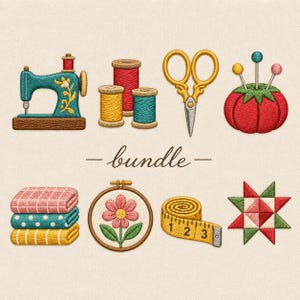 May include: An embroidery design featuring a teal sewing machine, three thread spools, gold scissors, a red pincushion with pins, the word bundle, a stack of folded fabrics, a flower in a hoop, a yellow measuring tape, and a star quilt block.