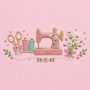 May include: Pink embroidered design featuring a sewing machine, scissors, spools of thread, and a bouquet of daisies. The sewing machine is adorned with floral details. The design includes a pink bow and sprigs of leaves, all set against a pink background.