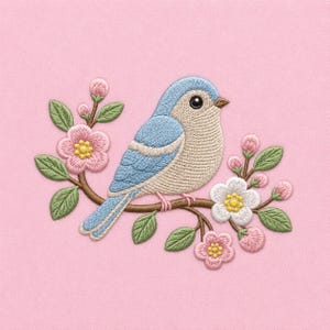 Può includere: Immagine ricamata di un uccello azzurro posato su un ramo con fiori rosa e bianchi e foglie verdi. L'uccello ha ali azzurre e corpo beige. Lo sfondo è di colore rosa.