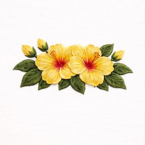 Pode incluir: Design floral bordado com duas grandes flores de hibisco amarelas com centros vermelhos e várias folhas verdes. A imagem também inclui botões florais amarelos. O design está em um fundo branco.