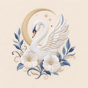 Schwanen-Stickmuster, Halbmond, eleganter weißer Vogel, florales Himmelsmotiv, Maschinenstickerei