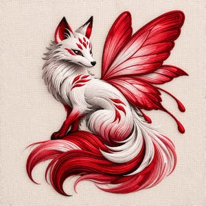 Kitsune Buttefly Embroidery Design Winged Fox Fantasy Spirit Animal Japanese Myth Decorative Digital File