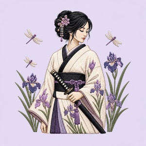 May include: An embroidered design featuring a person with dark hair styled in an updo with a purple flower accessory, wearing a cream-colored kimono with purple iris patterns, a black obi sash, and holding a black katana sword with dragonflies.