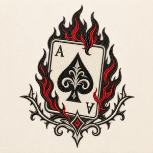May include: An embroidered patch featuring an ace of spades playing card surrounded by stylized black and red flames. The card has a white background with a black spade symbol and the letter A in the corners. A decorative black border frames the design.