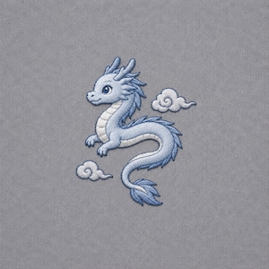 May include: An embroidered patch featuring a light blue dragon with a white underbelly and dark blue accents. The dragon is depicted in a curved, serpentine pose with small horns and a tufted tail. Two stylized white clouds are positioned nearby.