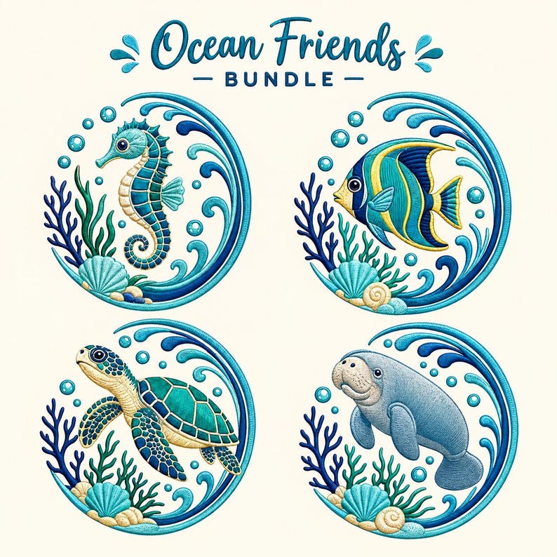 Ocean Friends Bundle Machine Embroidery Designs With Seahorse Turtle ...