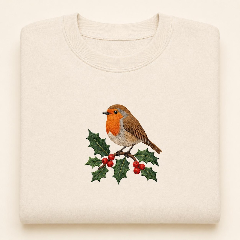 May include: A cream-colored crewneck sweatshirt featuring an embroidered illustration of a European robin perched on a holly branch. The bird has a bright orange breast and brown wings, while the holly branch displays green leaves and red berries.