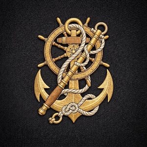 May include: Embroidered nautical emblem featuring a gold anchor, ship's wheel, and a telescope-like object, all intertwined with rope. The design is set against a textured black background, showcasing detailed stitching and a classic maritime theme.
