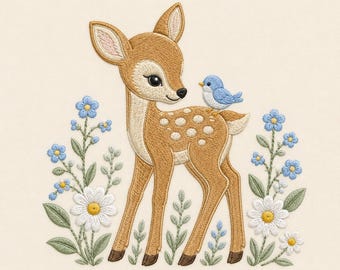 Ricamo a macchina con disegno di un uccellino azzurro e fiori selvatici del bosco, per felpa o maglietta, regalo ricordo.