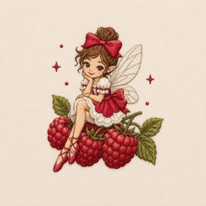 May include: An embroidery design featuring a small fairy with brown hair in a bun, wearing a red dress and bow, sitting on a cluster of red raspberries with green leaves. The fairy has white wings and red ballet-style shoes, surrounded by small red dots.