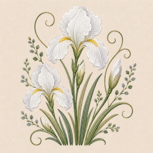 Peut inclure: Un motif de broderie représentant deux grandes fleurs d'iris blanches aux cœurs jaunes, deux boutons fermés, ainsi que des tiges et des feuilles vertes. La composition est agrémentée de fines vrilles vertes et de petits brins de feuillage sur fond beige.